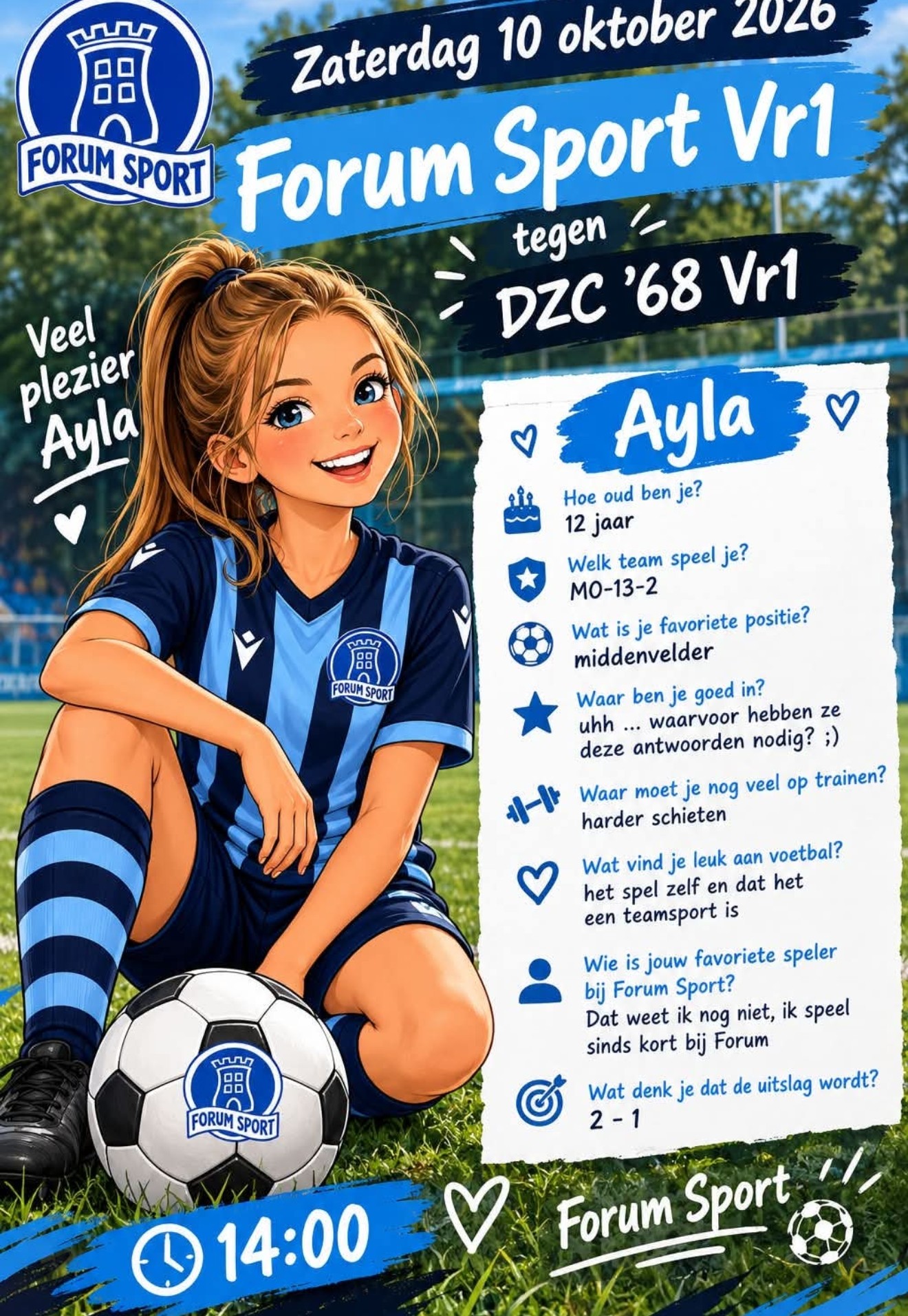 Pupil van de week bij de wedstrijd Forum Sport vr1 tegen DZC'68 vr1 is Ayla